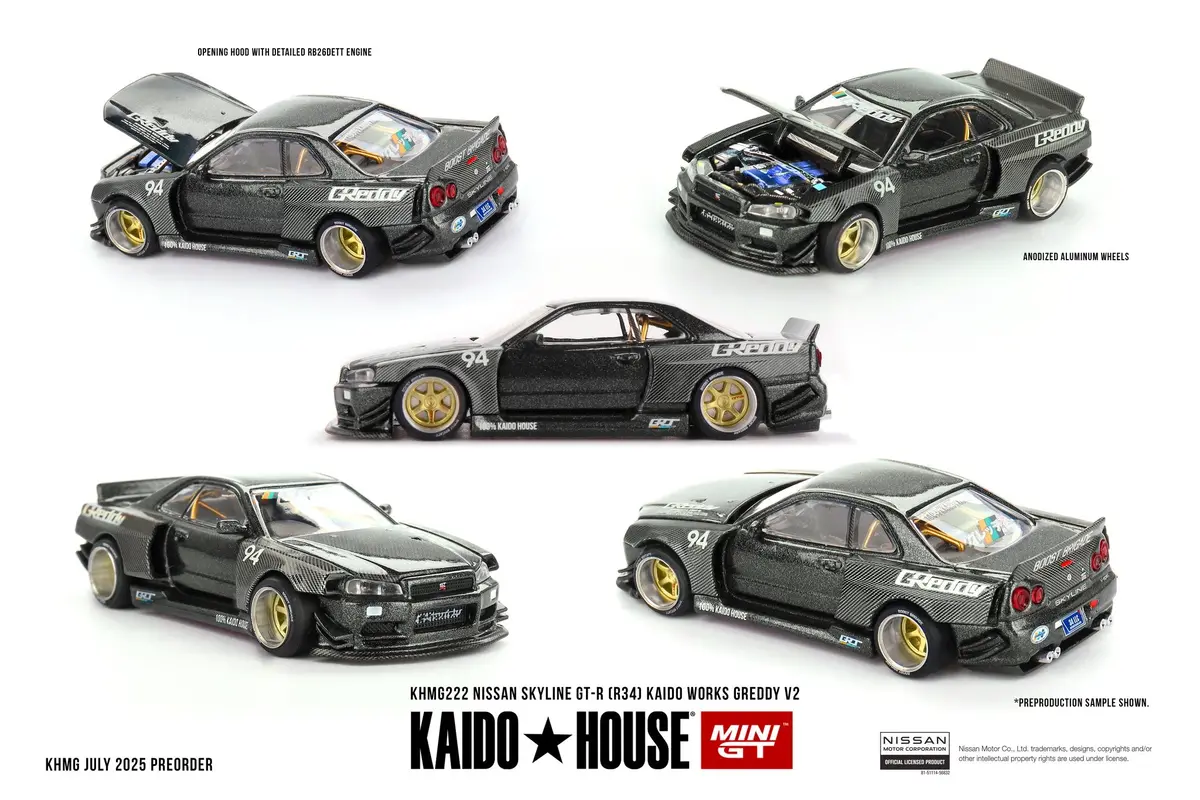 (Preorder) Kaido House X Mini Gt 1:64 Nissan Skyline Gt-R (R34) Kaido Works Greddy V2 – Black W/ Carbon 1