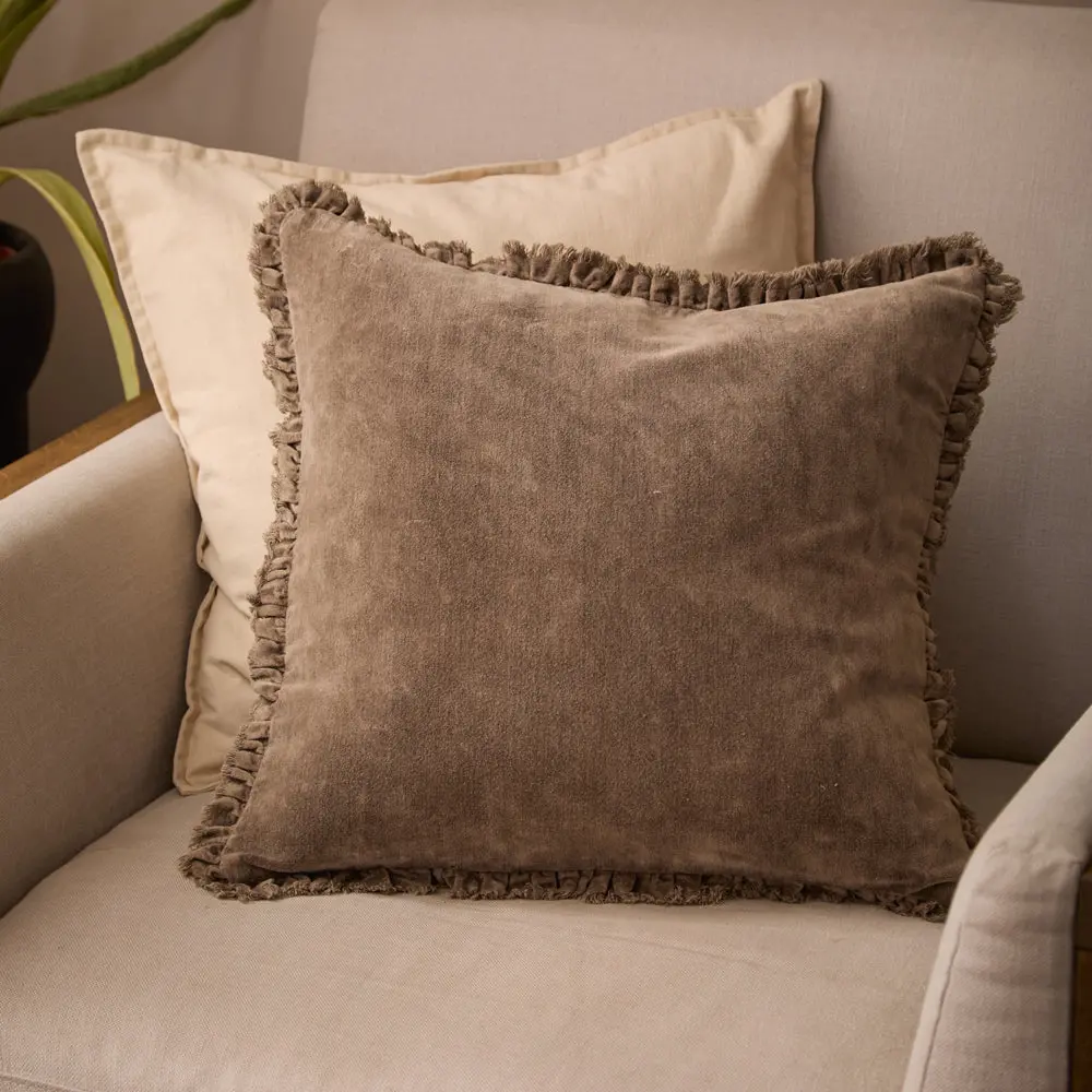 Bertie Washed Cotton Velvet Cushion Chocolate 1