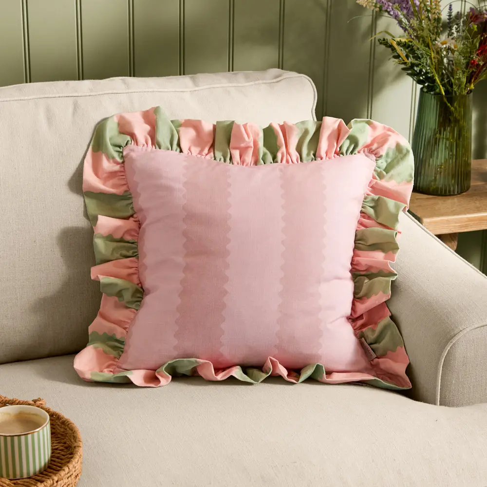 Birdie Stripe Ruffle Cushion Pink/Green 1