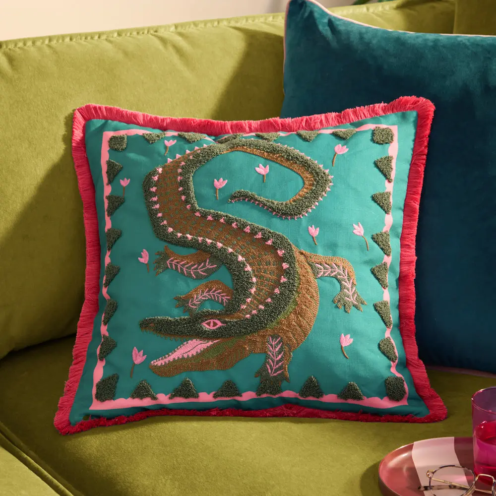 Les Animaux Croc Monsieur Tufted Cushion Teal 1