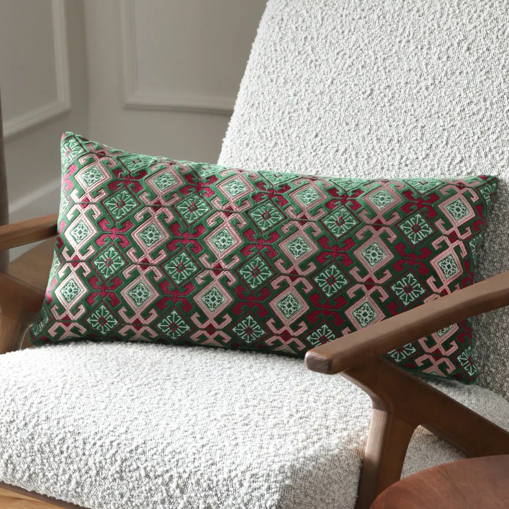 Laurel Embroidered Velvet Cushion Cerise/Jade 1