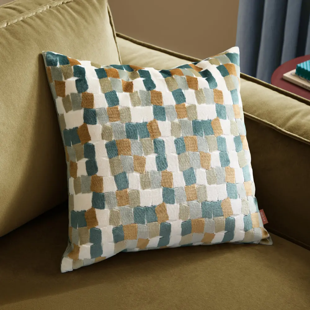 Metro Blocks Velvet Jacquard Cushion Green 1