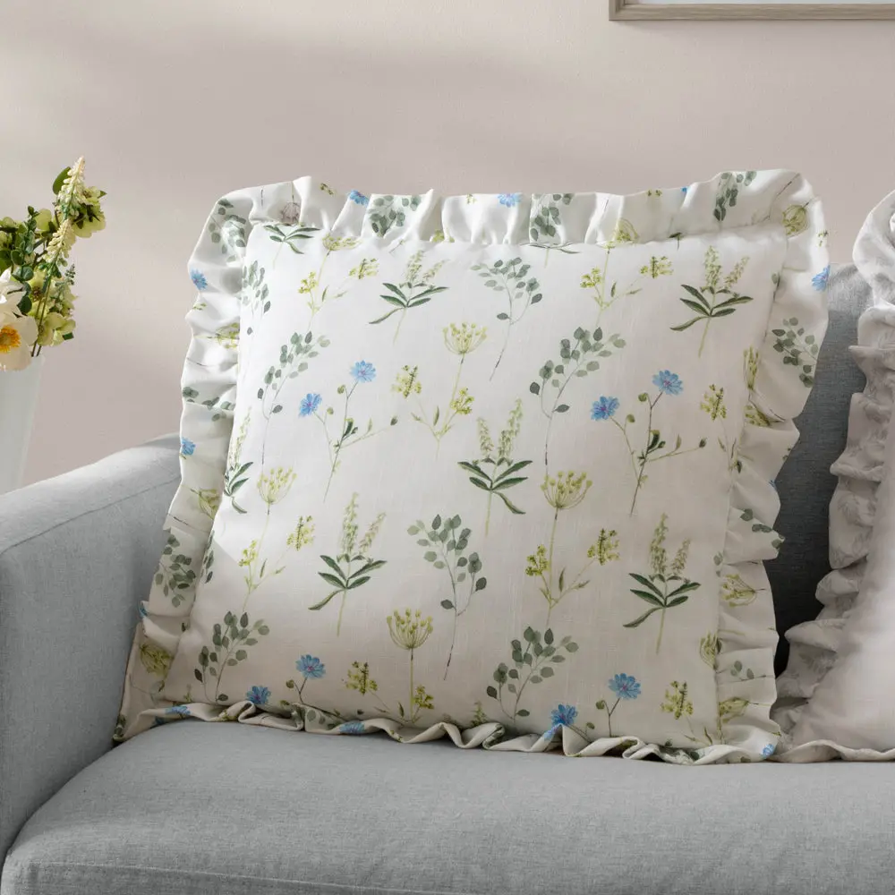 Meadow Ruffle Floral Cushion White/Cornflower 1