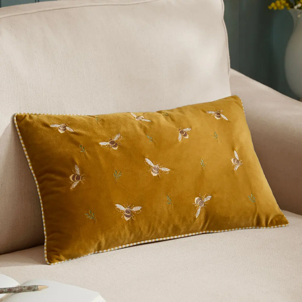 Ramble Bees Embroidered Velvet Cushion Honey 1