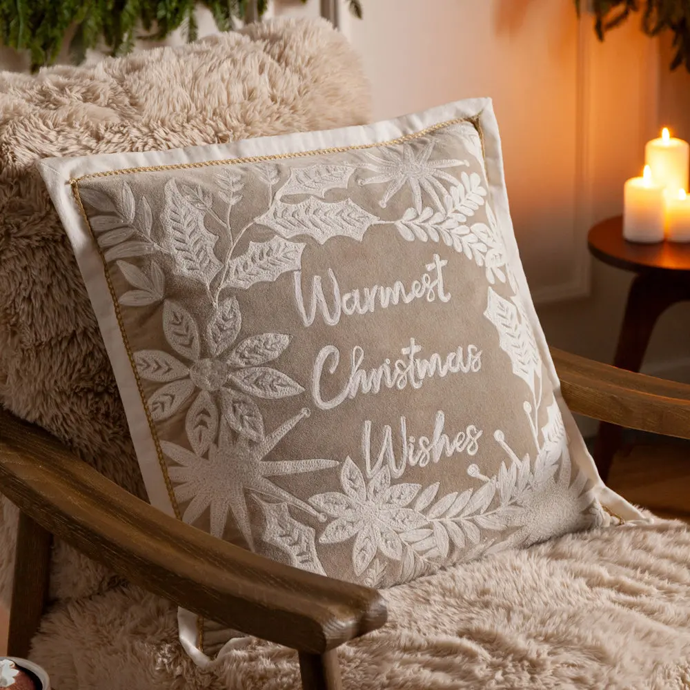 Winter Warmest Wishes Embroidered Cushion Natural 1