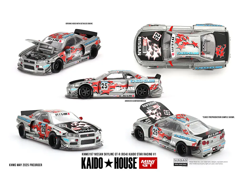 (Preorder) Kaido House X Mini Gt 1:64 Nissan Skyline Gt-R (R34) Kaido Star Racing V1- Silver 1
